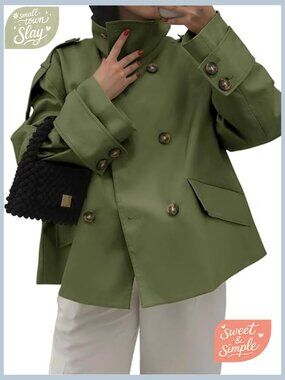 Oversized Double Breasted Cropped Trench Coat Stand Collar Short Jacket Work